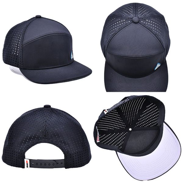 Black 6 Panel Trucker Snapback Hat Structured Construction Custom Rubber Patch Logo Back 4 Panel Laser Holes