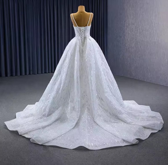 Elegant Beaded Spaghetti Straps A-line Court Train Boat Neck Lace-up Mermaid White Sequins Long Wedding Dress