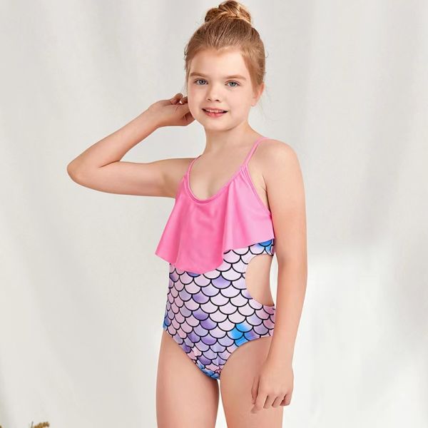 Рыба цельного бикини swimwear девушек красочная масштабирует напечатанный купальник лета девушек