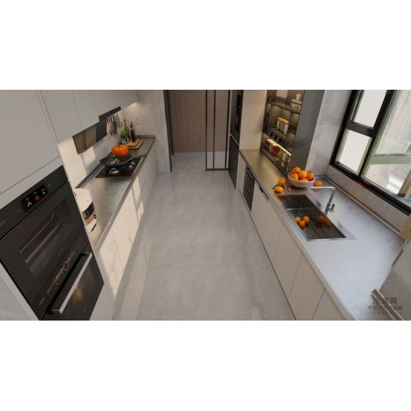 Double-Line Layout Beige Stainless Steel Modern Kitchen Cabinet