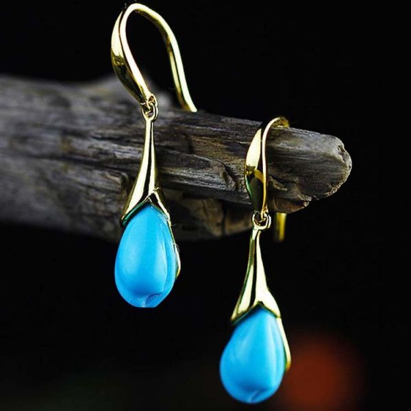 18K Gold Plated Sterling 925 Silver Turquoise Sculptured Tulip Drop Earring (EZ04925534)