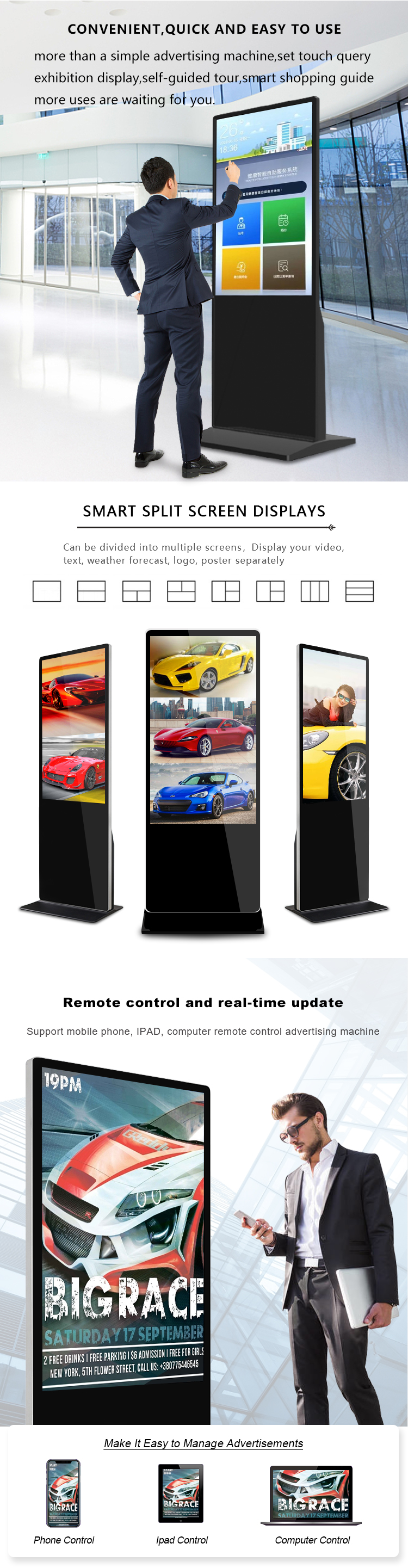 Signage цифров киоска экрана касания положения пола OEM 55inch для приказывать обслуживания собственной личности