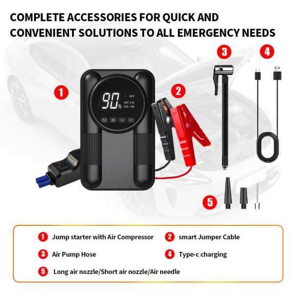 Portable 2 In 1 Jump Starter Tire Inflator 8000mAh Car Battery Battery Booster With Air Compressor