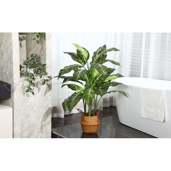 Artificial Golden Dieffenbachia Plant 43 Inch Tall Fake Tropical Lifelike Tree in Pot Silk Faux Dark Green Plant