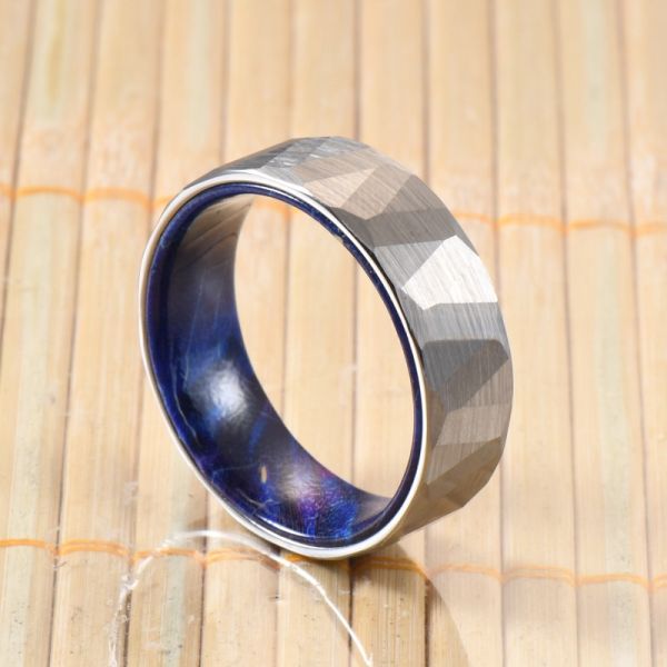 Blue Purple Box Elder Wood Inner Brushed Faceted Styles 8mm Classic Silver or Black Tungsten Ring for Men Wedding Bands