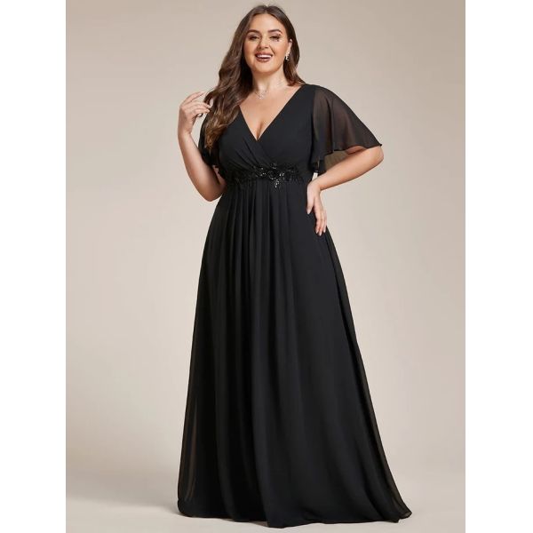 Empire Plus Size Applique Short Sleeve A-line V-neck Flutter Sleeves Invisible