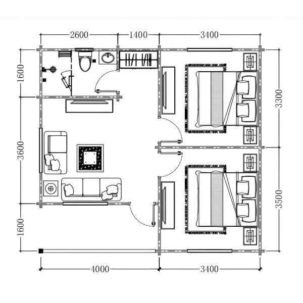 2-4 personnes Maison de camping préfabriquée avec imiter le bois extérieur et fenêtre du sol au plafond