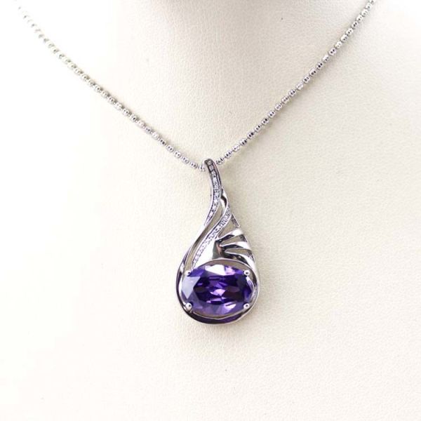Women Silver Jewelry Oval 9mmx13mm Amethyst Cubic Zircon Pendant(P41)
