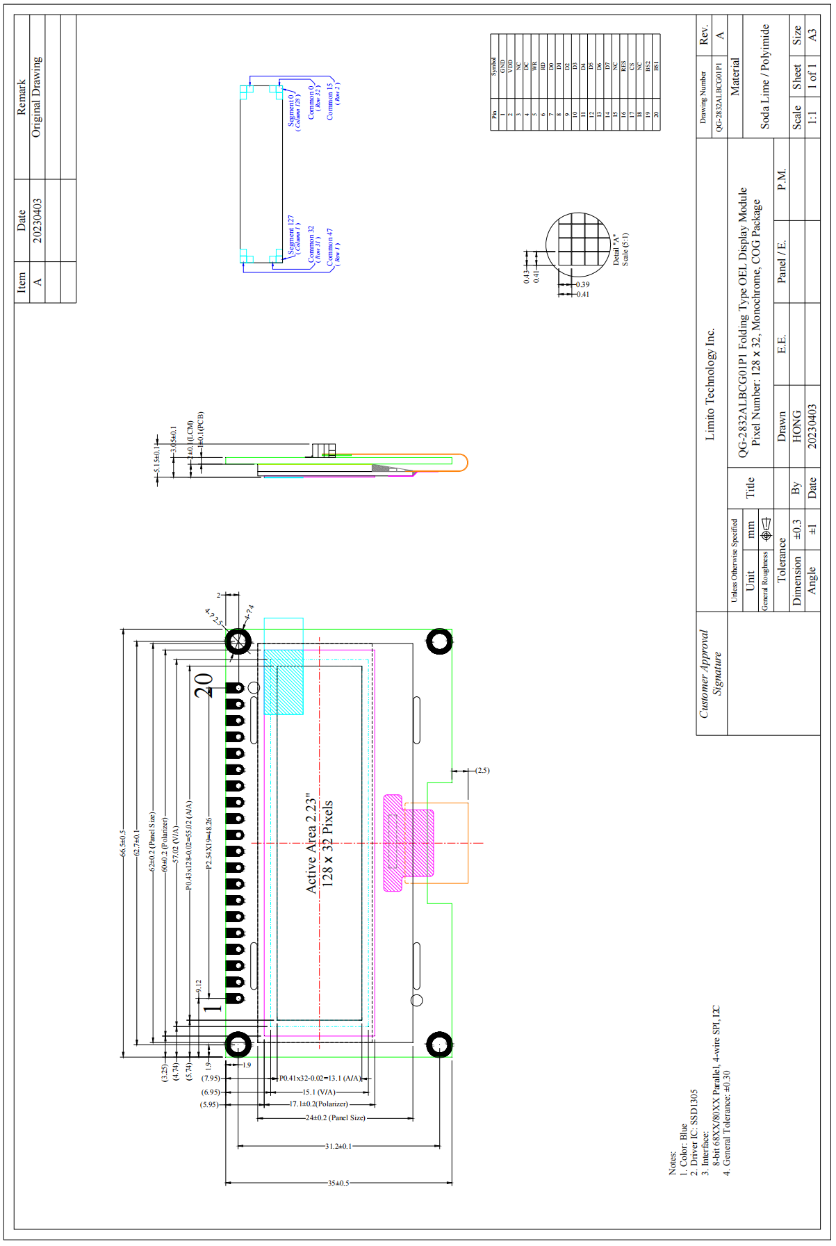 2.23 Inch OLED Display Module 128X32 Pixels Dots Cog Monochrome SSD1305