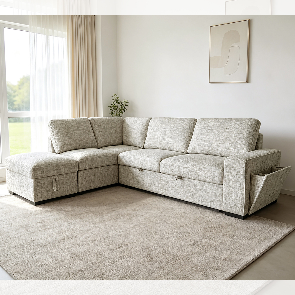 L-Shaped Sectional Sleeper Sofa with Pull-Out Bed and Storage and Cup holder, Beige Fabric