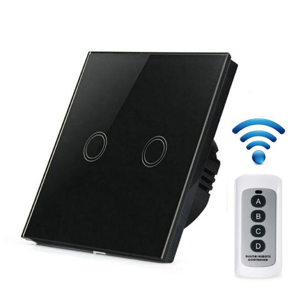 EU Standard Wall Wireless Remote Control Touch Screen Crystal Glass Panel Switch, 2 Gang Light Wall Touch Switch