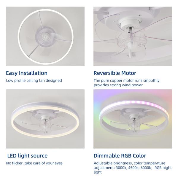 Ventilateur de plafond de 20 pouces, chambre blanche, chandelier, ventilateur de plafond avec lumière.