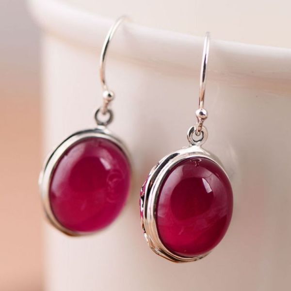 Sterling 925 Silver Synthetic Ruby Pendant Dangle Earrings (019515)