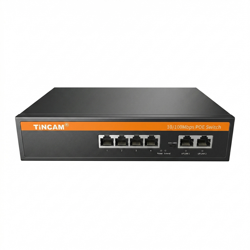 6 Port Fast Ethernet PoE Switch 4 PoE Ports 2 Uplink Ports 10/100Mbps Unmanaged IEEE 802.3af/at 250m Extend Metal Case TBC-PS4306N