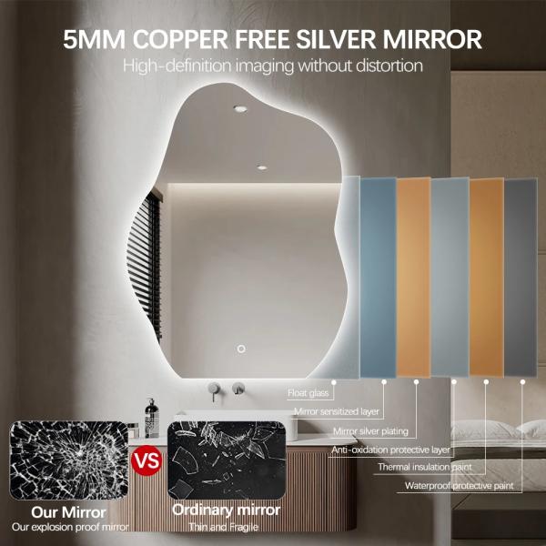Large Wall Bathroom Mirror With Touch Light , Frameless Asymmetrical LED Mirror Waterproof