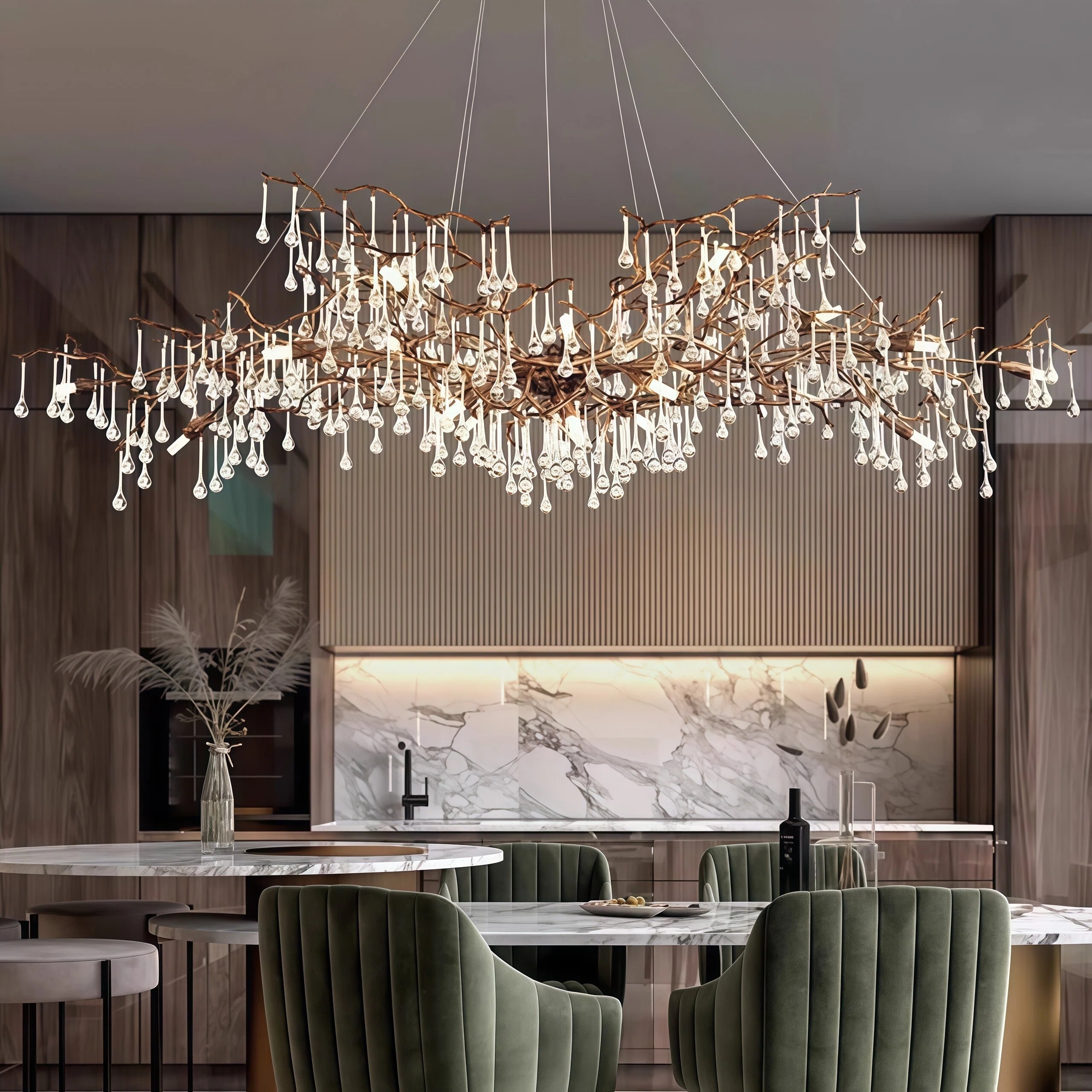 JYLIGHTING Rustic Branch Brass & Crystal Linear Chandelier, Natural Tree Twig Waterdrop Crystal Pendant Light for Dining Room & Villa Lobby