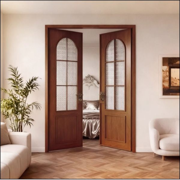 Custom French Vintage Walnut Door Titanium Magnesium Aluminum Alloy Glass Double Door Kitchen Bedroom Balcony Partition