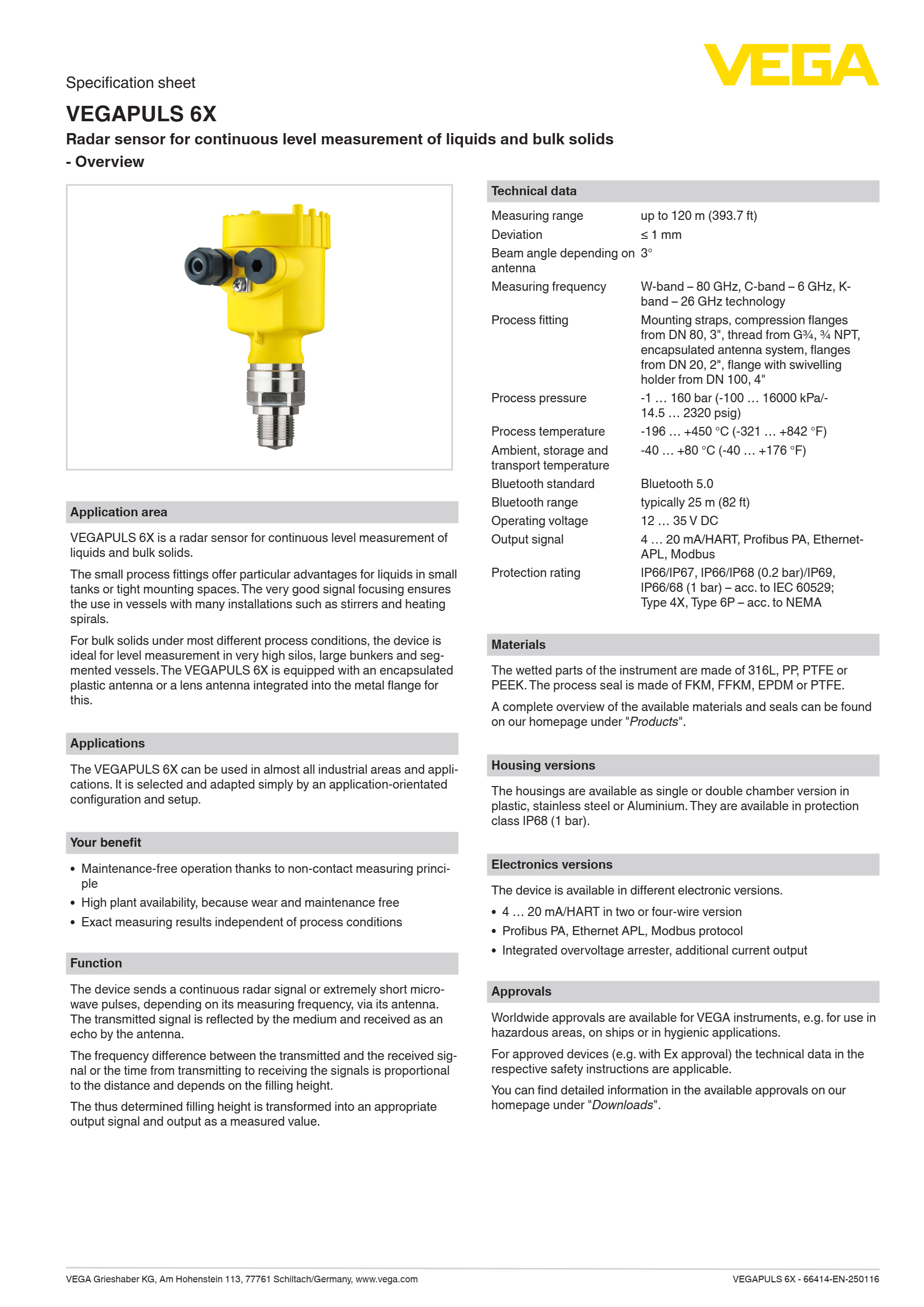 VEGAPULS 6X Continuous VEGA Radar Level Sensor For Measurement Of Liquids