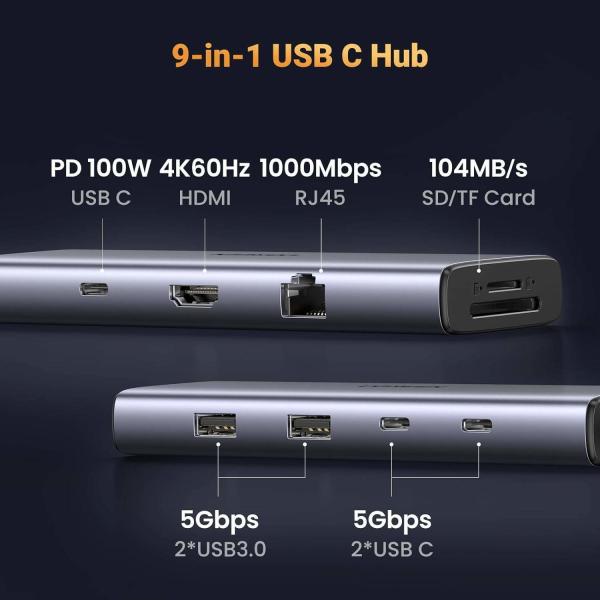 Revodok 9 en 1 USB C Hub Adaptateur Gigabit Ethernet 100W PD Chargement, Ports de données USB A&C, Lecteur de carte SD/TF
