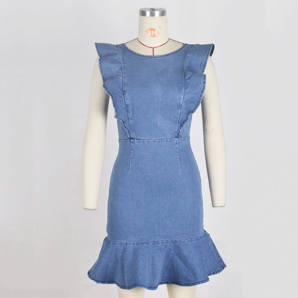 Sleeveless RTS-SKIRT-01 15cm Ladies Denim Dress With Frill