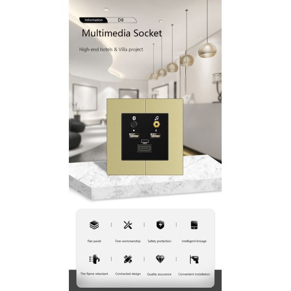 Aluminum Frame Multimedia Wall Socket UK standard USB / Bluetooth / HDMI