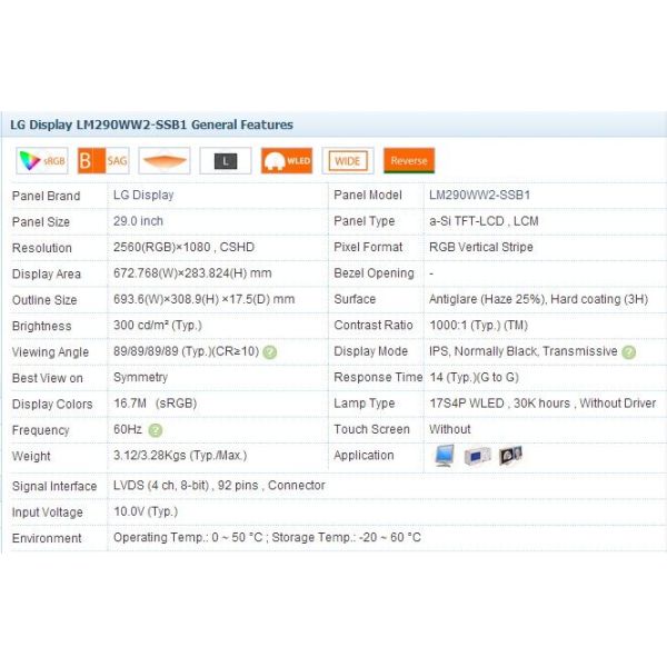 LG LCD Panel 29Inch LM290WW2-SSB1 Medical Industrial Display 2560*1080 IPS 300 cd/m2