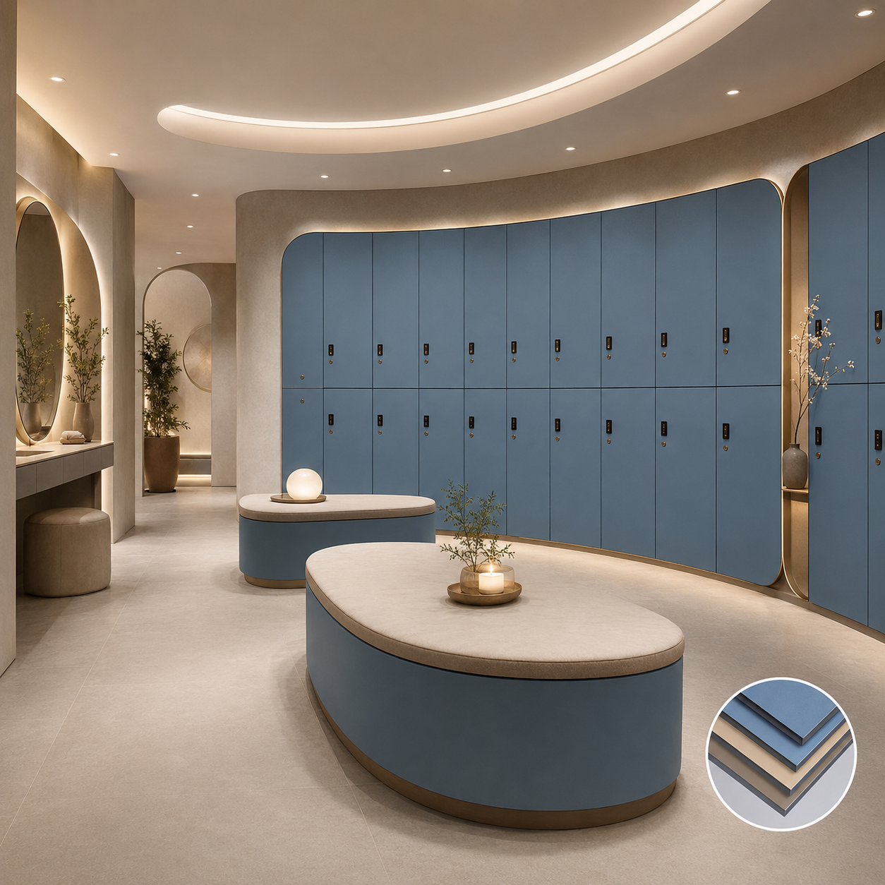 ustom Curved HPL Phenolic Lockers Waterproof Anti-Mold Spa Changing Room Storage Cabinets with LED Light Strip