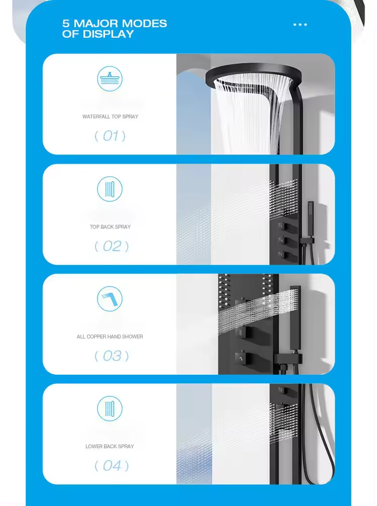 Wall Shower Set with High Pressure Rainfall Round Matte Black Head and Panel Combo Set