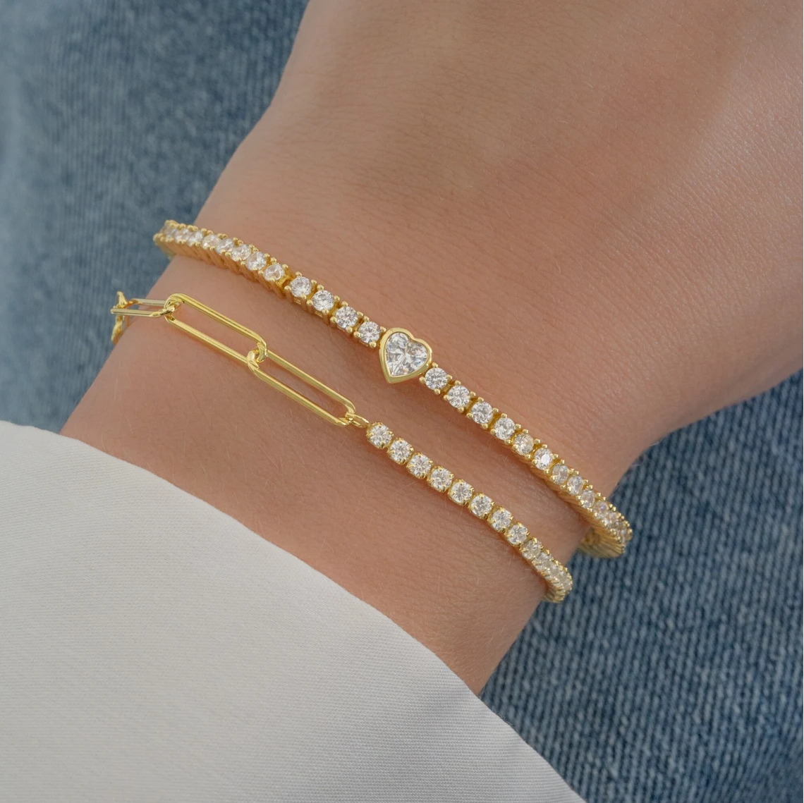 925 Sterling Silver 14K Gold Plated Heart Tennis Bracelet with Zircon