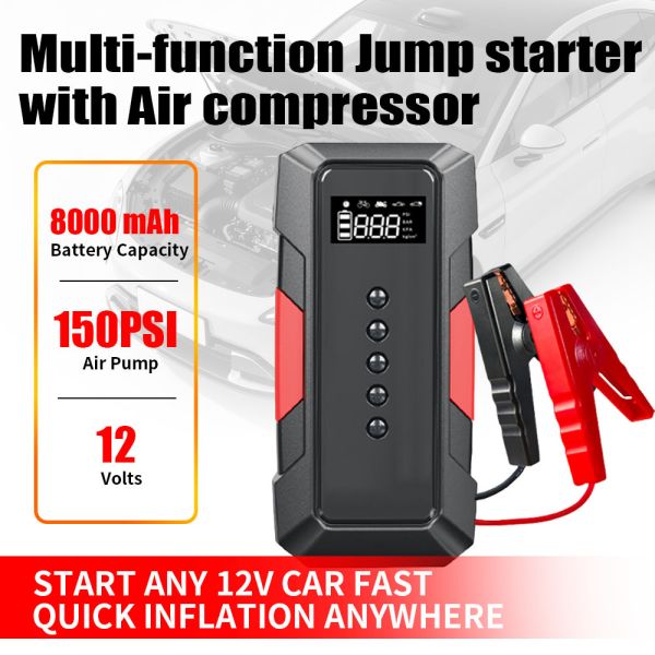 8000mAh Car Multi Functional Jump Starter 12V Car Emergency Start Power Supply With Air Compressor