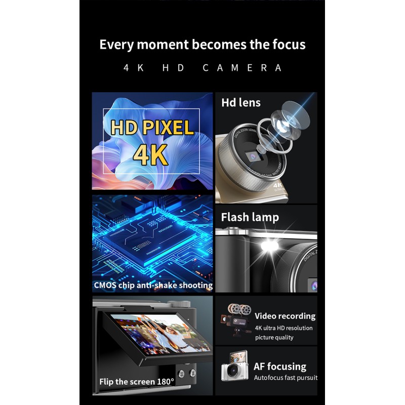 4K Vintage Digital Camera 64MP with Autofocus 16x Digital Zoom 3.0 Inch IPS Screen 1200mAh Battery for Vlog  As Christmas Gift
