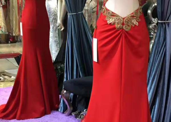 Gold Mermaid Style Red Dress Hanging Neck Luxury Heavy Beading Hollow Back