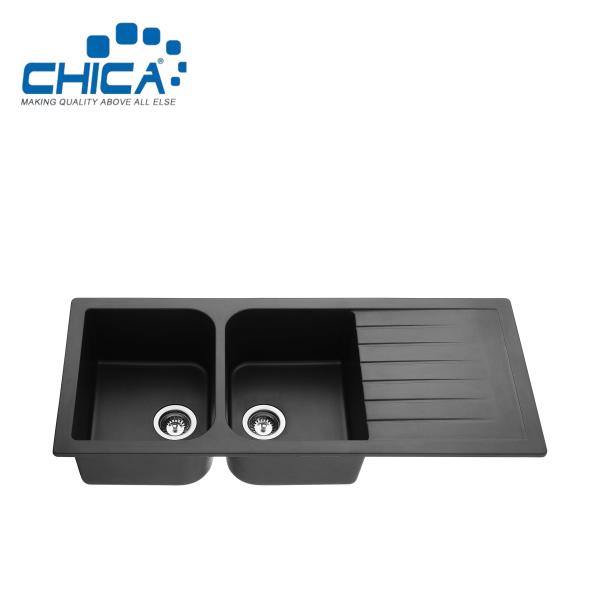 Double Bowl Granite Kitchen Sink With Wing Topmount Quartz Granite Stone Composite Sink for House Kitchen