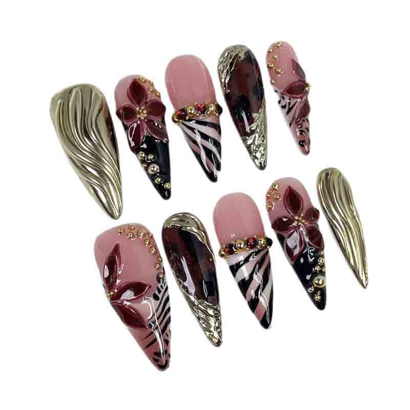 Handmade Press On Nails Long Stiletto 3D Wine Red Flower Zebra Print Nail Tips
