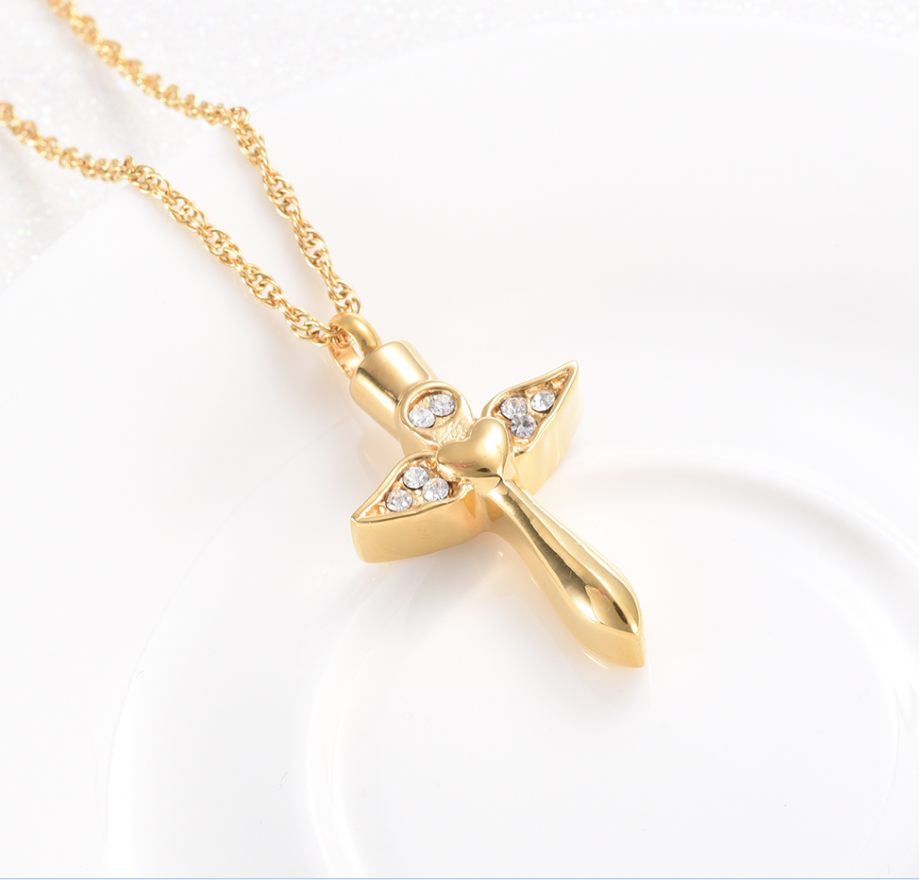 Stainless Steel Angel Wings Heart Cross Cremation Urn Pendant Necklace for Women/Men