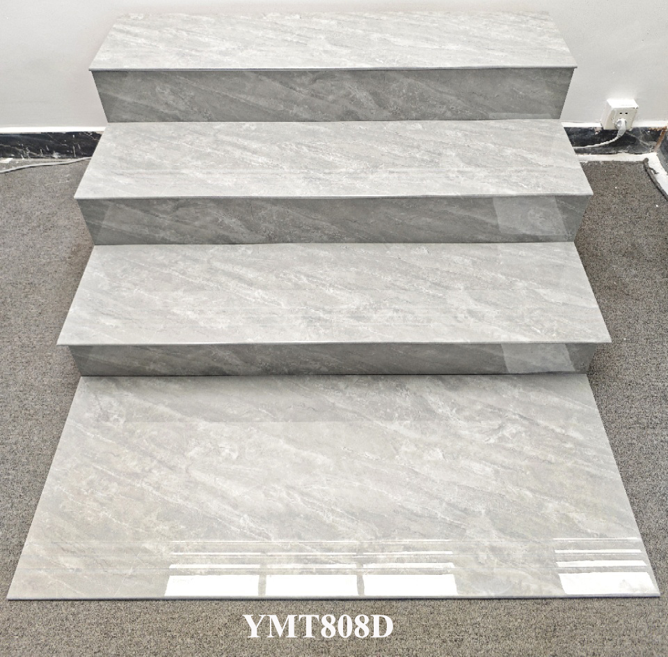 Wear-resistant Gray Beige Carrara 470x1200mm Super White Body Polished Glazed Ceramic Staircases Step and Riser For Renovation