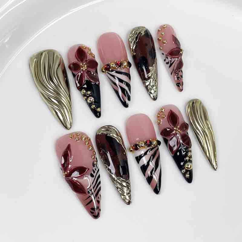 Handmade Press On Nails Long Stiletto 3D Wine Red Flower Zebra Print Nail Tips