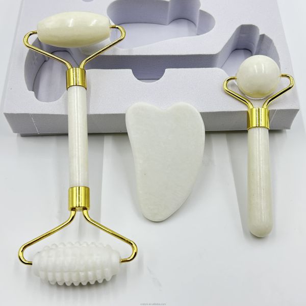 Face Neck Body Massage Natural Jade Roller Gua Sha Set with Double Head Xiuyan Stone