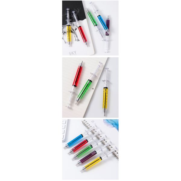 Plume à bille créative en forme de seringue Plume à bille en plastique colorée remplie d'huile