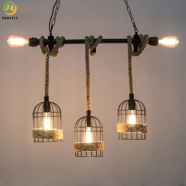 Винтажная металлическая клетка, стеклянная хрустальная люстра, конопляная веревка, лампочка, свет