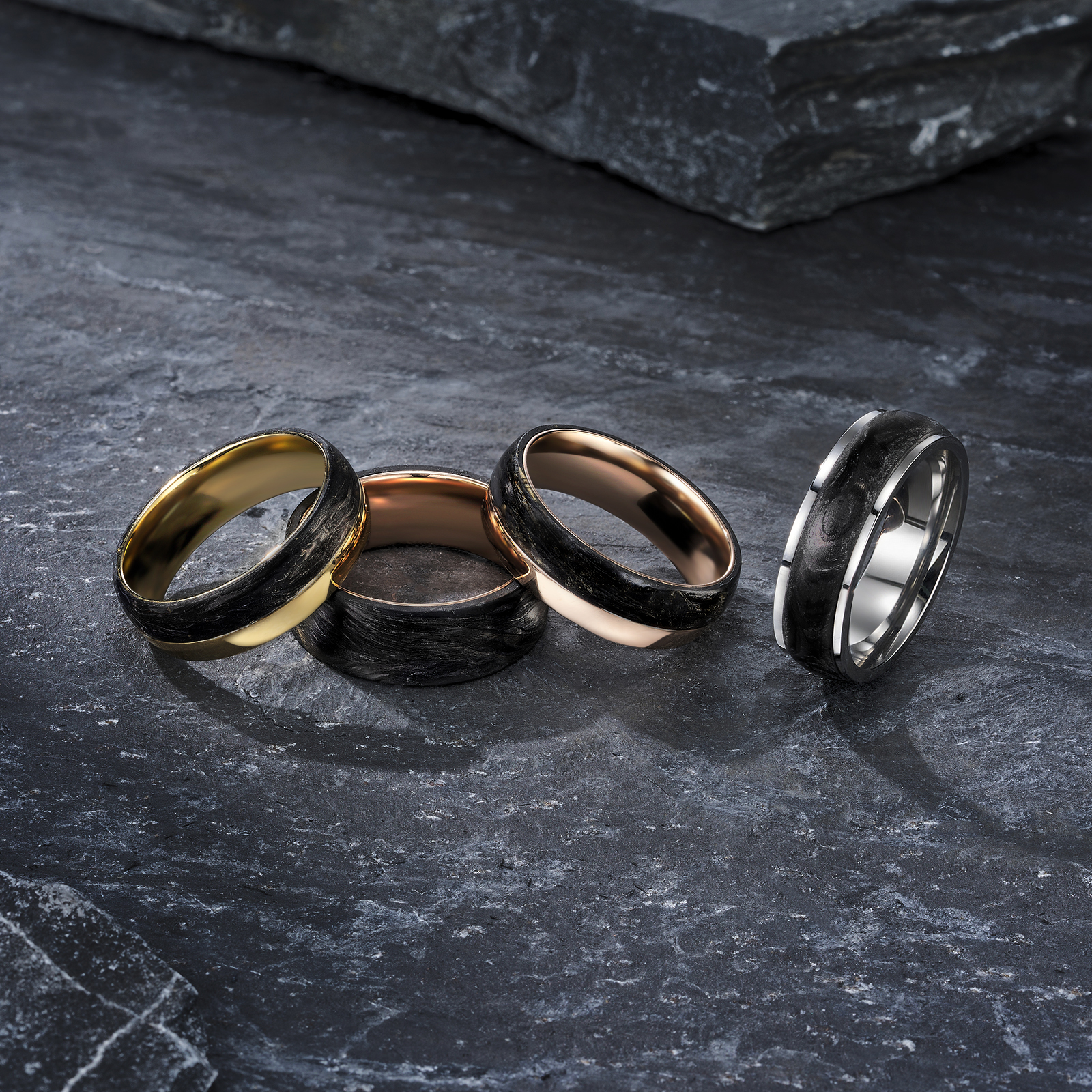 Inlay Technology Setting Gold Powder and Rose Gold Forged Carbon Fiber Wedding Bands Mens Bands for Party Occasion 2025