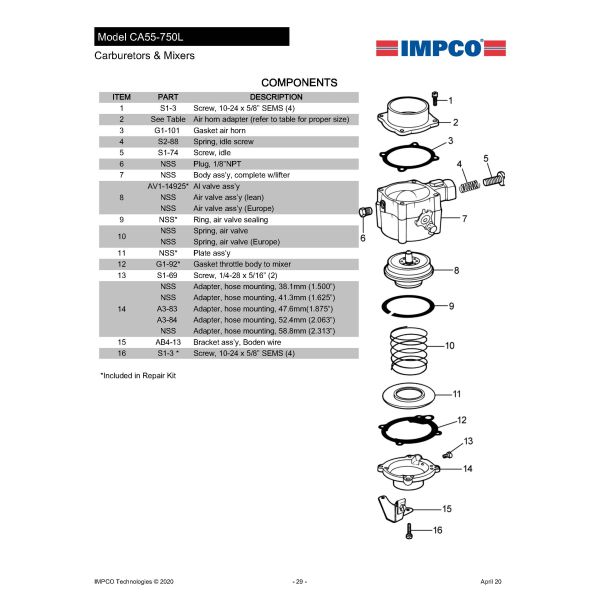 CA55 750 54kW IMPCO Bi Fuel Mixer For 73hp Engines