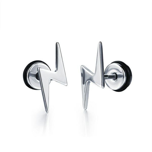 Punk Ear Stud Earrings For Men Hip Hop Jewelry Gift Stainless Steel Screw Back Earrings Lightning Stud Earrings