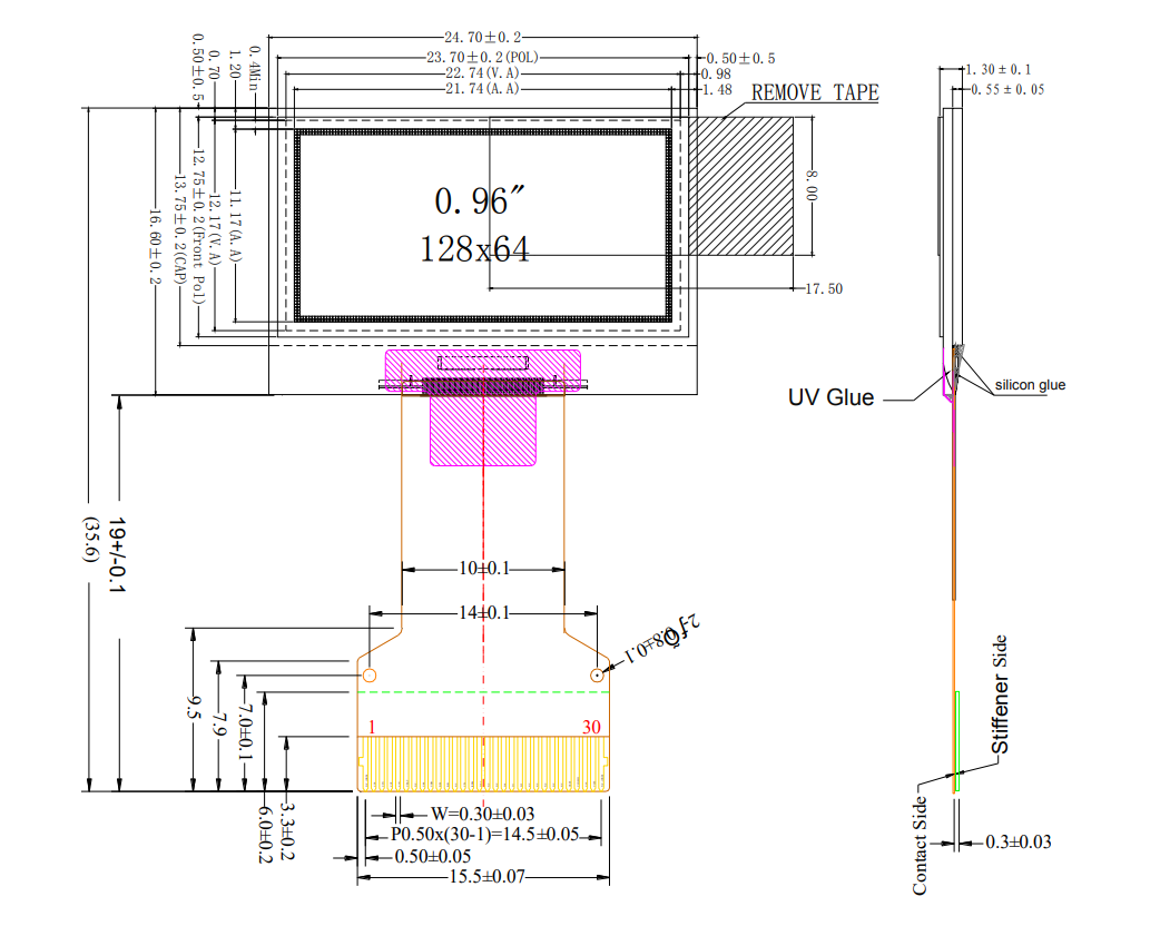 Низкая стоимость 0,96 дюйма OLED дисплей 128X64 IIC I2C SPI 8080 Интерфейс 30 пин ZIF FPC