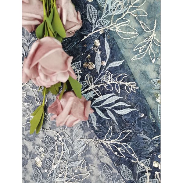 Blue Tulle Embroidered Lace Fabric Flower Lace With Sequins
