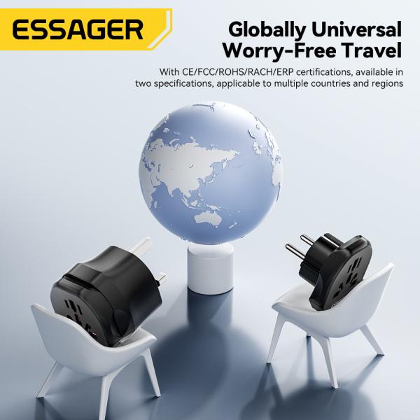Black Travel Power Adapter ESSAGER WL-033-WL-09 Series EU UK to Universal UK to EU