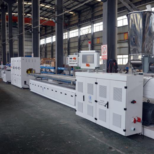 High capacity PVC WPC decking floor extrusion line with laminating film surface treatment with conic twin scerw extruders