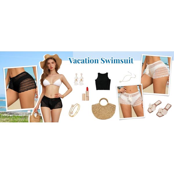 Women'S Crochet Coverups Hollow Out Tie Waist See Through Boho Shorts Swimsuit Bra Set Crochet Bikini Handmade Knitted Crochet Swimsuit Beach Overskirt Swimsuit Cover Ups