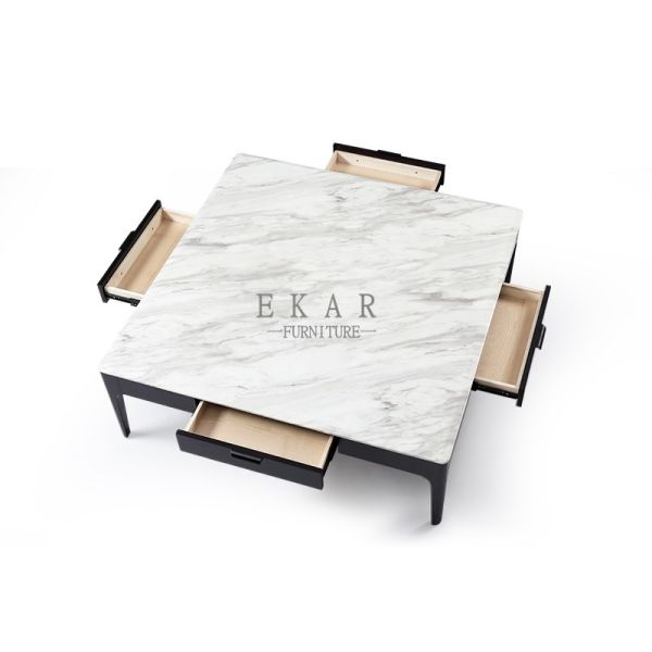 Square Ash Wood Frame White Marble Top Center Modern Coffee Table with Drawer