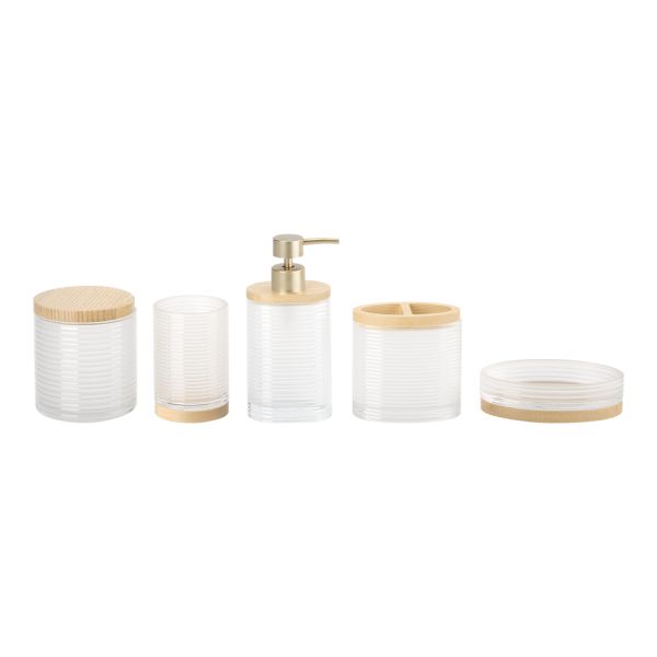 Accesorios modernos de baño de vidrio transparente forma redonda con madera parte botella de jabón de mano dispensador de jabón para el baño portabotellas de cepillo de dientes